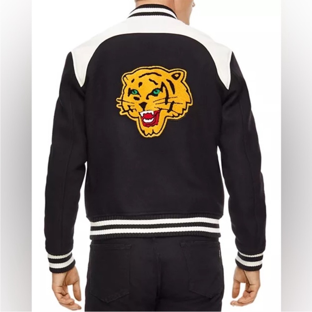 Sandro Tiger Varsity Jacket Black White Wool Leather Mens Size Small S *